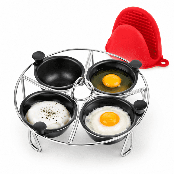 Stainless Steel 4-cup Egg Poacher Tray -plimentary Silicone Mittert For Poaching Eggs & Benedict Poached Makerpatible With Pans