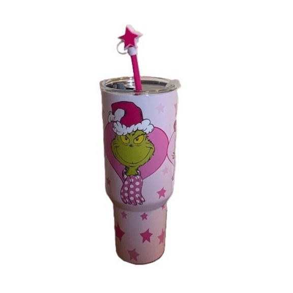 Stainless Steel 40 oz Pink Travel Tumbler Grinch Max Cindy Lou Christmas with Straw