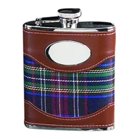 Stainless Steel Blue Fabric and Brown Leather Covered 6 ounce Flask with Oval Engraving Area Q-GM18386