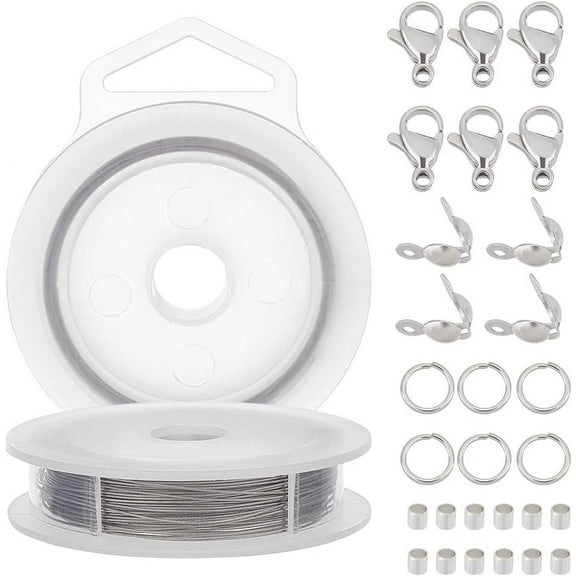 Stainless Steel 49FT 49 Strands Beading Wire Kit 0.46mm/26 Gauge Stainless Steel String Wire Tiger Tail Wire with Lobster Clasps Jump Rings Bead Tips