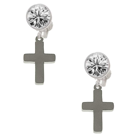 Stainless Steel 5/8" Cross - Clear Crystal Clip On Earrings