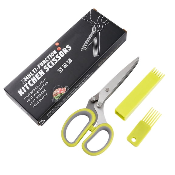 Stainless Steel 5-Blade Herb Shears Multifunctional Kitchen Shears, for Chopping Green Onions Cilantro Parsley Vegetable Cutter with Brush & Cover（餐具类可保留）