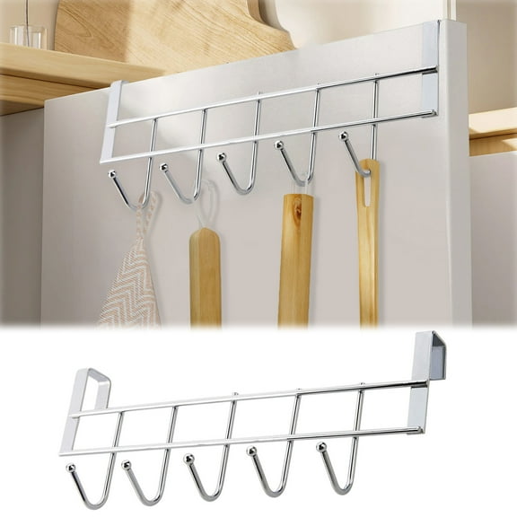 Stainless Steel 5 Hook Over Door Hanger Rack for Towels Coats Clothes Heavy Duty Storage Organization for Bathroom Kitchen Cabinet Wardrobe Door Mount Organizer