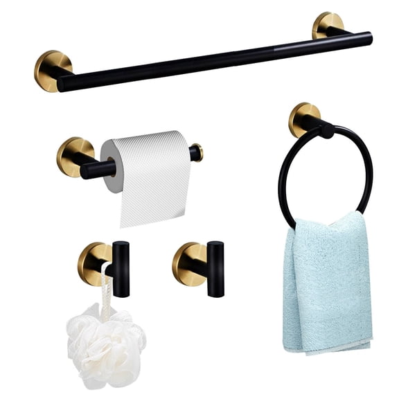 Stainless Steel 5-Piece Bathroom Hardware Set Black and Gold, Towel Rack Set New
