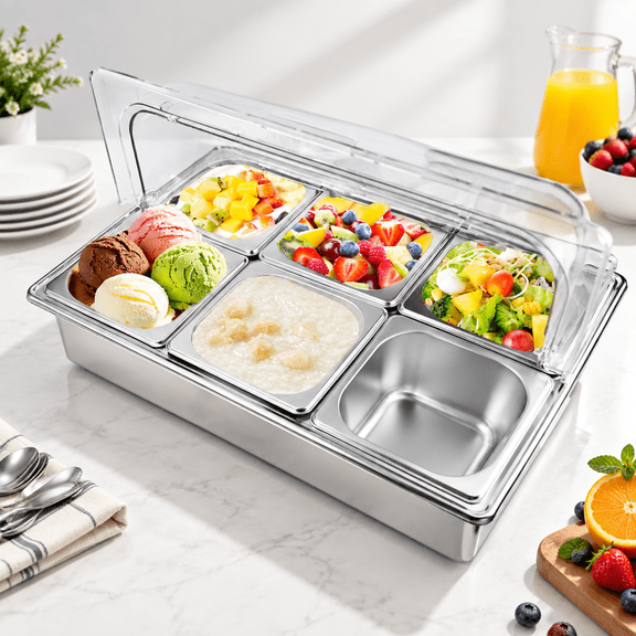 Stainless Steel 6 Pan Countertop Food Serving Station with Roll Top Cover