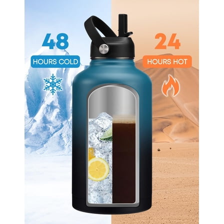 Stainless Steel 64 oz Water Bottle with Straw - Leakproof Insulated Flask for Hiking Camping Cycling