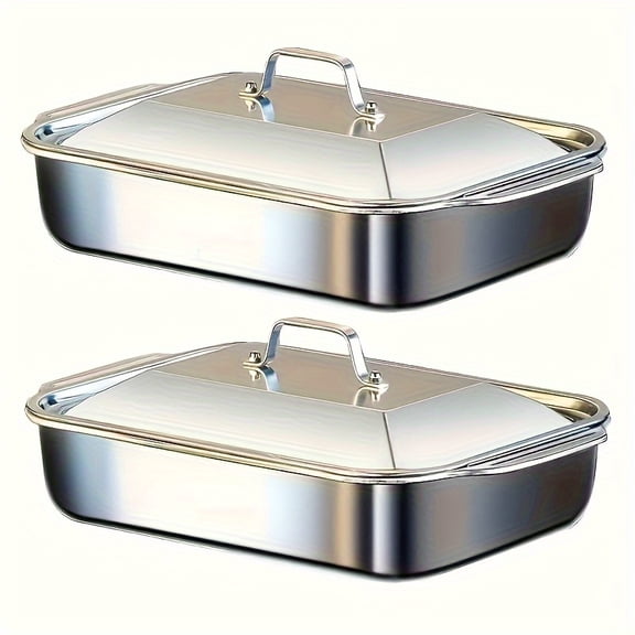 Stainless Steel 6L Rectangular Baking Pan Set: 2 Deep Pans & 2 Lids, Roasting Lasagna Fish Chicken Pan, Dishwasher Safe, 16.14-inch