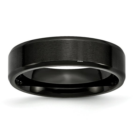 Stainless Steel 6mm Black Ip-plated Brushed Polished Beveled Edge Band Ring - Size 7