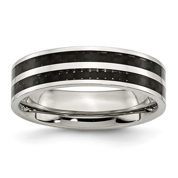 Stainless Steel 6mm Double Row Black Carbon Fiber Inlay Polished Band Ring - Size 10.5