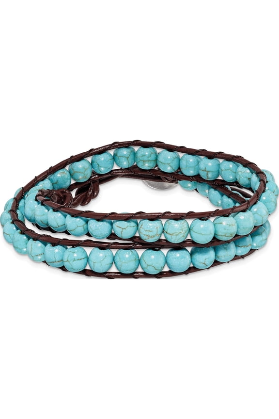 Stainless Steel 6mm Dyed Turquoise Leather Cord Multi Wrap Bracelet Made In China bf1572