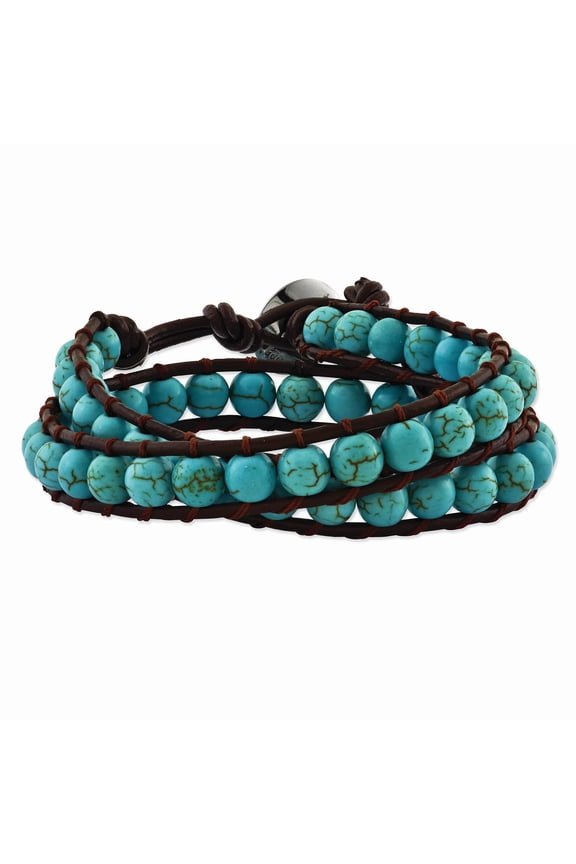Stainless Steel 6mm Dyed Turquoise Leather Cord Multi Wrap Bracelet