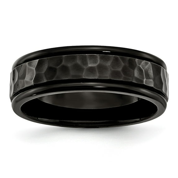 Stainless Steel 7mm Black Ip-plated Hammered and Polished Band Ring - Size 10