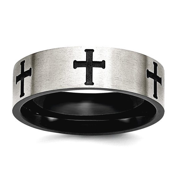Stainless Steel 7mm Black Plated Religious Faith Crosses Brushed and Polished Band Ring Size 8.5 Ring for Women and Men
