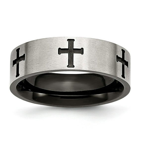 Stainless Steel 7mm Black-plated Crosses Brushed and Polished Band Ring - Size 12