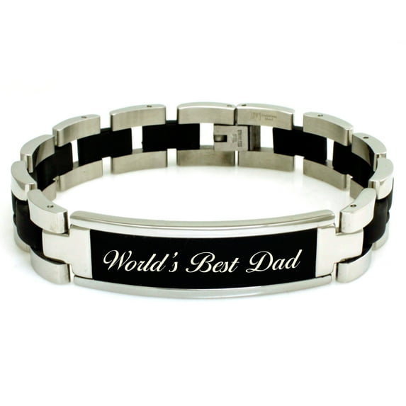 Stainless Steel 8.25 inch World's Best Dad Engraved Black ID Bracelet