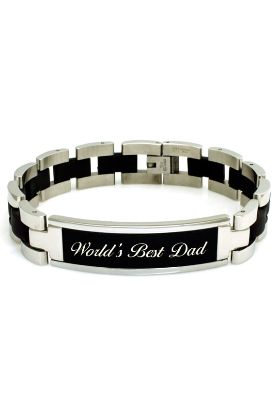 Stainless Steel 8.25 inch World's Best Dad Engraved Black ID Bracelet
