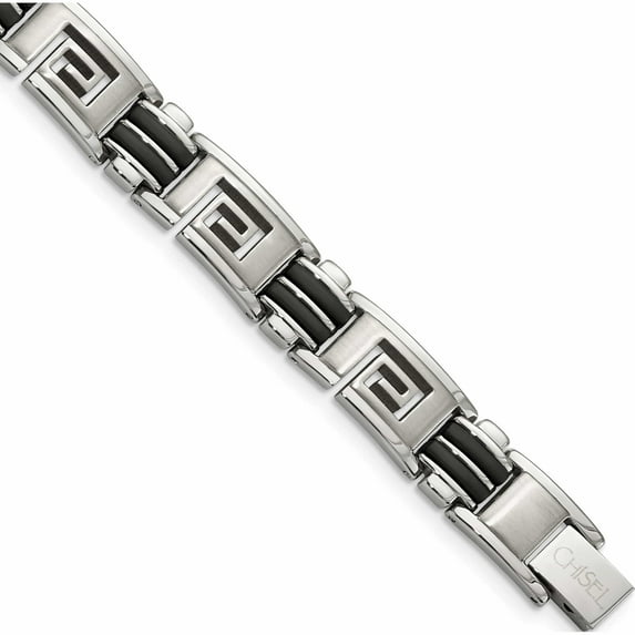Stainless Steel 8.5In Brushed & Polished Black Rubber Greek Key Bracelet Made In China -Jewelry By Sweet Pea