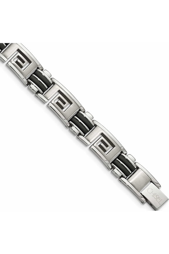 Chisel Stainless Steel Brushed and Polished Black Rubber Inlay Greek Key 8.5 inch Bracelet