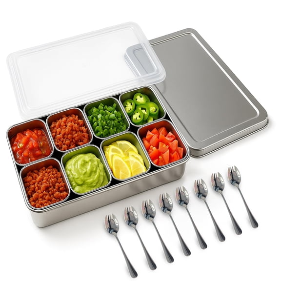Stainless Steel 8 Compartment Food Storage Jars, Condiment and Spice Prep Containers