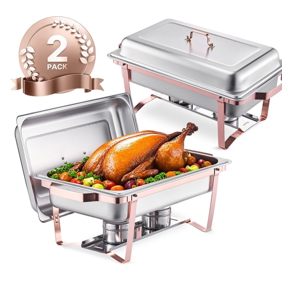 Stainless Steel 8 Qt 2 Pack Rose Gold Chafing Dish Buffet Set with 2 Pans Lid Stand and Fuel Holder for Wedding Party Banquet Catering