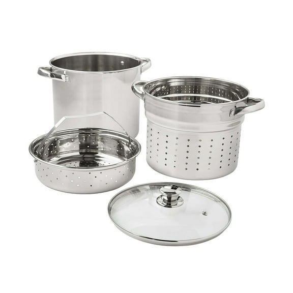 Stainless Steel 8 Quart Cooker Set - 4 Piece Multi-Cooker with Lid, Colander & Steamer Basket - Large Stock Pot for Pasta, Vegetables, Soups - Kitchen & Outdoor Cooking