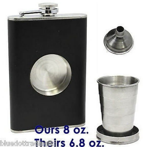 Stainless Steel 8 oz Leather Wrapped Portable Flagon Liquor Pocket Hip Flask with Funnel and built-in collapsible shot glass