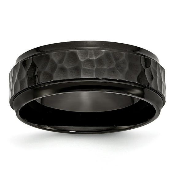 Stainless Steel 8mm Black Ip-plated Hammered Polished Beveled Edge Band Ring - Size 8.5