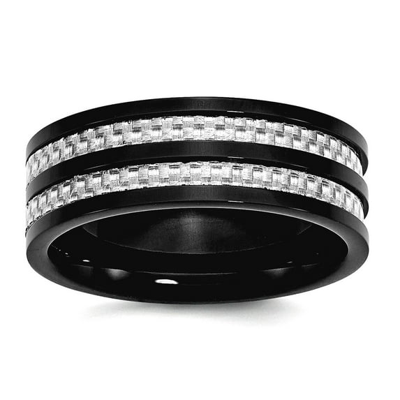 Stainless Steel 8mm Black Plated With Grey Carbon Fiber Inlay Polished Band Ring Size 8 Ring for Women and Men