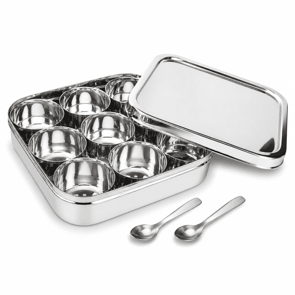 Stainless Steel 9-Compartment Spice Tin Masala Dabba Curry Cooking Storage Container
