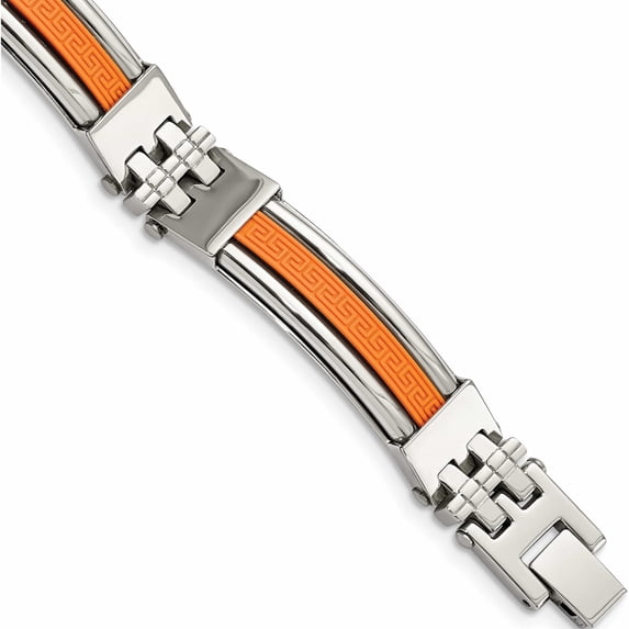 Stainless Steel 9In Polished With Orange Rubber Inlay Greek Key Bracelet (9 X 11) Made In China -Jewelry By Sweet Pea