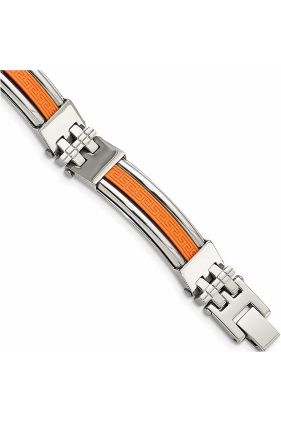 Chisel Stainless Steel Polished with Orange Greek Key Design Rubber Inlay 9 inch Bracelet