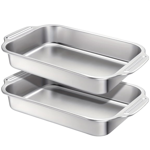 Stainless Steel 9x13 Inch Baking Pan 2-Pack with Handles, Oven Safe Rectangle Bakeware for Cakes, Bread, Casseroles & Fish, Dishwasher Safe Rust-Resistant Professional Pans