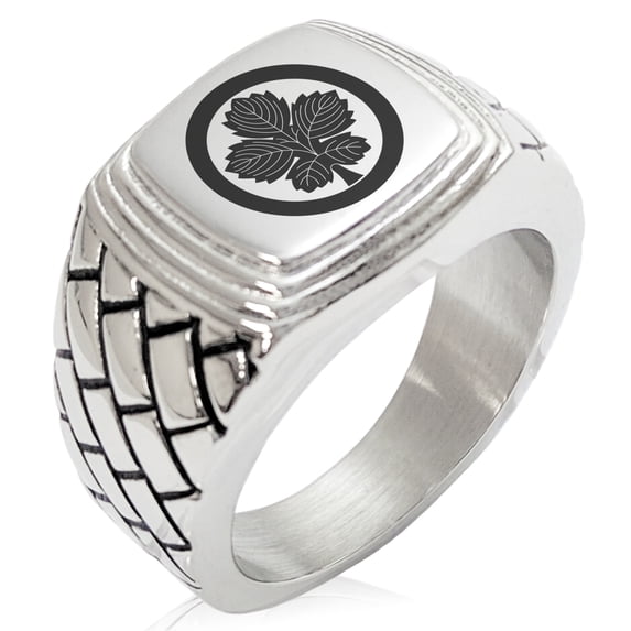 Stainless Steel Abe Samurai Crest Geometric Pattern Step-Down Biker Style Polished Ring
