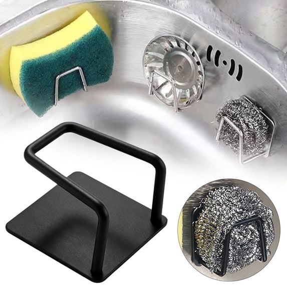 Stainless Steel Adhesive Sponge Holder, Black No Drilling Wall Mount Storage Caddy,Rustproof Metal Sink Organizer Rack for Kitchen Dishcloth, Scrub Brush,Soap Loofah Accessory,1pcs