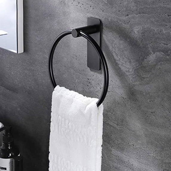 Stainless Steel Adhesive Towel Ring, Rust-Proof Wall Mounted Hand Towel Holder, No Drill Damage-Free Installation for Bathroom, Kitchen, Hotel, Space-Saving , Black