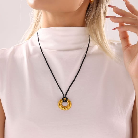 Stainless Steel Adjustable Black Leather Rope Embossed Necklace