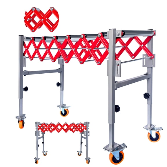 Stainless Steel Adjustable Conveyor Roller Table, 4 Swivel Casters, Built-In Hooks & Length Range 13.7~47", 600 LBS Conveyor Belt with 8 Rollers for Warehouses, Woodworking Planer Warehouse