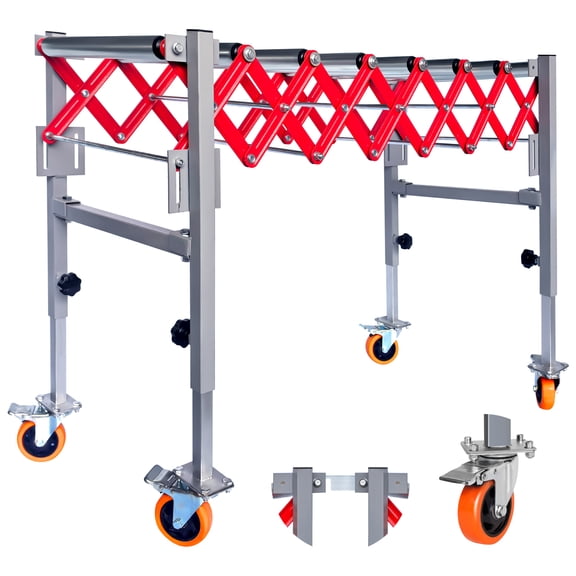 Stainless Steel Adjustable Conveyor Roller Table, 600 LBS Load Capacity, 4 Movable Casters, Length Range 13.7~47", Conveyor Belt with 8 Rollers & Modular Splicing for Supermarkets, Warehouses