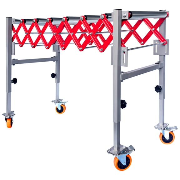 Stainless Steel Adjustable Conveyor Roller Table with 8 Rollers, 4 Movable Casters, Modular Splicing & Length Range 13.7~47", Conveyor Belt with 600 LBS Load Capacity for Airports, Woodworking Planer