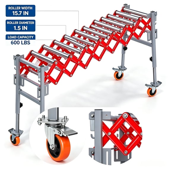 Stainless Steel Adjustable Conveyor Roller Table, 8 Rollers, Height Range 27.5~43", Built-In Hooks, 600 LBS Conveyor Belt with 4 Swivel Lockable Casters for Heavy Goods Transfer, Airports