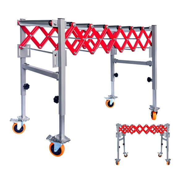 Stainless Steel Adjustable Conveyor Roller Table with Length Range 13.7~47", 8 Rollers, 4 Casters, Built-In Hooks, Conveyor Belt with 600 LBS Load Capacity for Production Lines, Heavy Goods Transfer