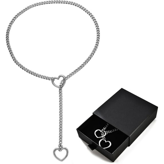 Stainless Steel Adjustable Lariat Y-Necklace for Men,Punk Gothic Cuban Necklace Jewelry,Heart O-ring Slip Chain Necklace for Women