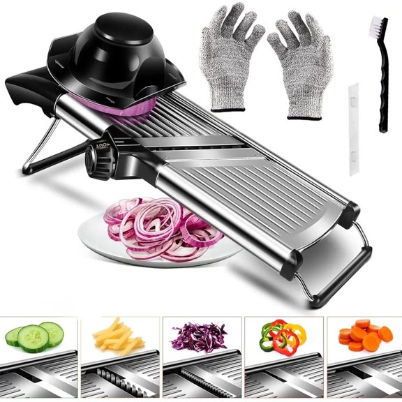 Stainless Steel Adjustable Mandoline Slicer - Multi-Blade Vegetable Chopper for Potato, Onion & Fruit - Includes Cut-Resistant Gloves - Kitchen French Fry Cutter