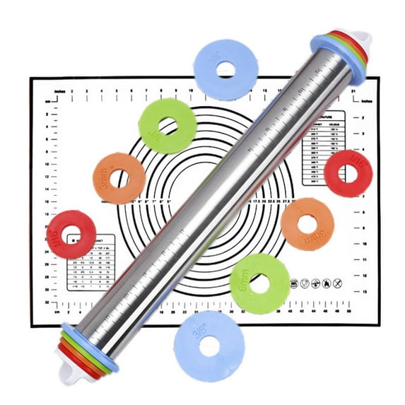 Stainless Steel Adjustable Rolling Pin | 17 Inch Length | Multiple Thickness Settings | Ergonomic Non-Stick Handle | Easy Clean | Lightweight for Pizza, Cookie, Pastry Dough | Home Baking Tool