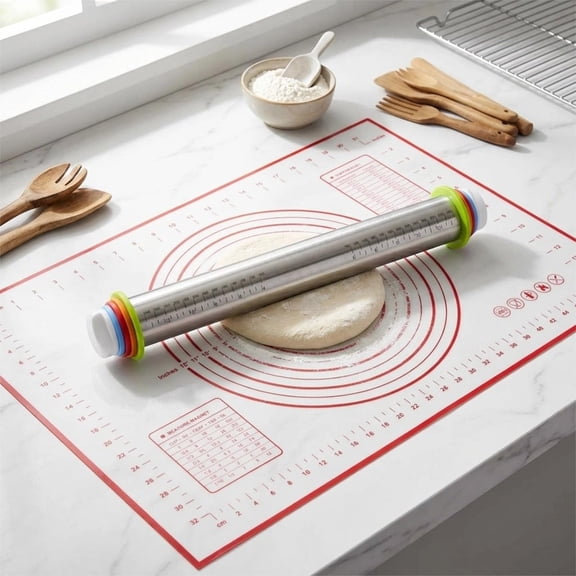 Adjustable Stainless Steel Rolling Pin Set with Silicone Baking Mat, Dough Roller for Pizza Cookies Dumpling