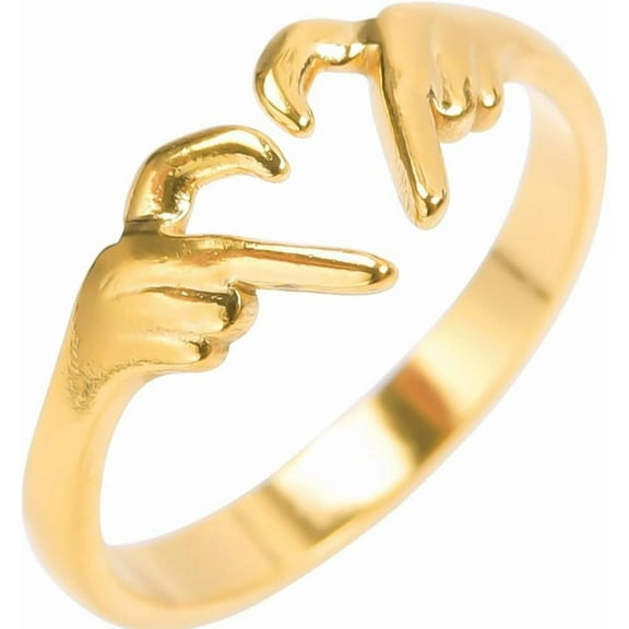 Stainless Steel Adjustable Size Heart Shaped Hand Language Weddding Promise Anniversary Statement Ring