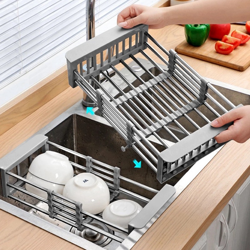 Stainless Steel Adjustable Telescopic Kitchen Insert Storage Organizer over Sink Dish Drying