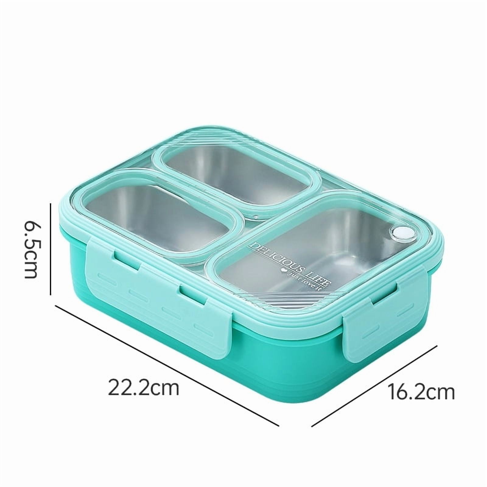 Stainless Steel Adults Bento Box Leak-resistant Lunch Box Containers Snack Containers 3-Compartment Snack Tray Soup Bowl with Lid Spoon Chopsticks Dishwasher Safe green