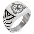 thumbnail image 1 of Tioneer Stainless Steel Aegishjalmur Awe & Terror Helm Viking Rune Chevron Pattern Biker Style Polished Ring, 1 of 1