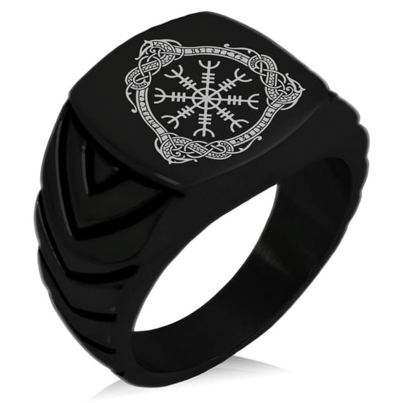 Stainless Steel Aegishjalmur Awe & Terror Helm Viking Rune Chevron Pattern Biker Style Polished Ring
